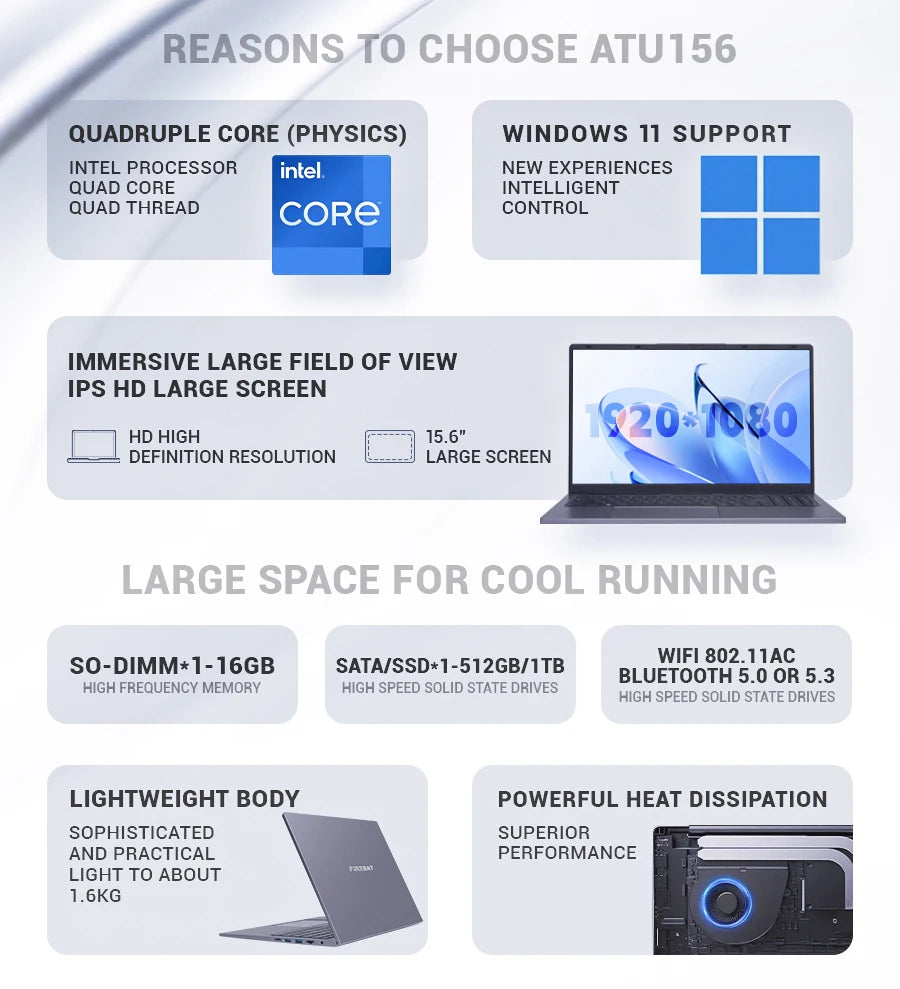 Firebat AT15 Laptop — 15.6″ FHD, Intel N150 (Up to 3.6GHz), 16GB RAM, 1TB SSD, Windows 11 Pro, Backlit Keyboard, Wi-Fi 5