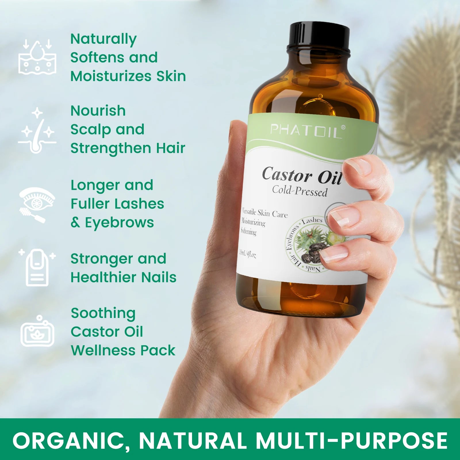 PHATOIL 118ml Organic Face Oil Natural Cold Pressed USDA Carrier Oils- Castor Oil,Jojoba,Moroccan Argan Oil,Rosehip Seed Oil