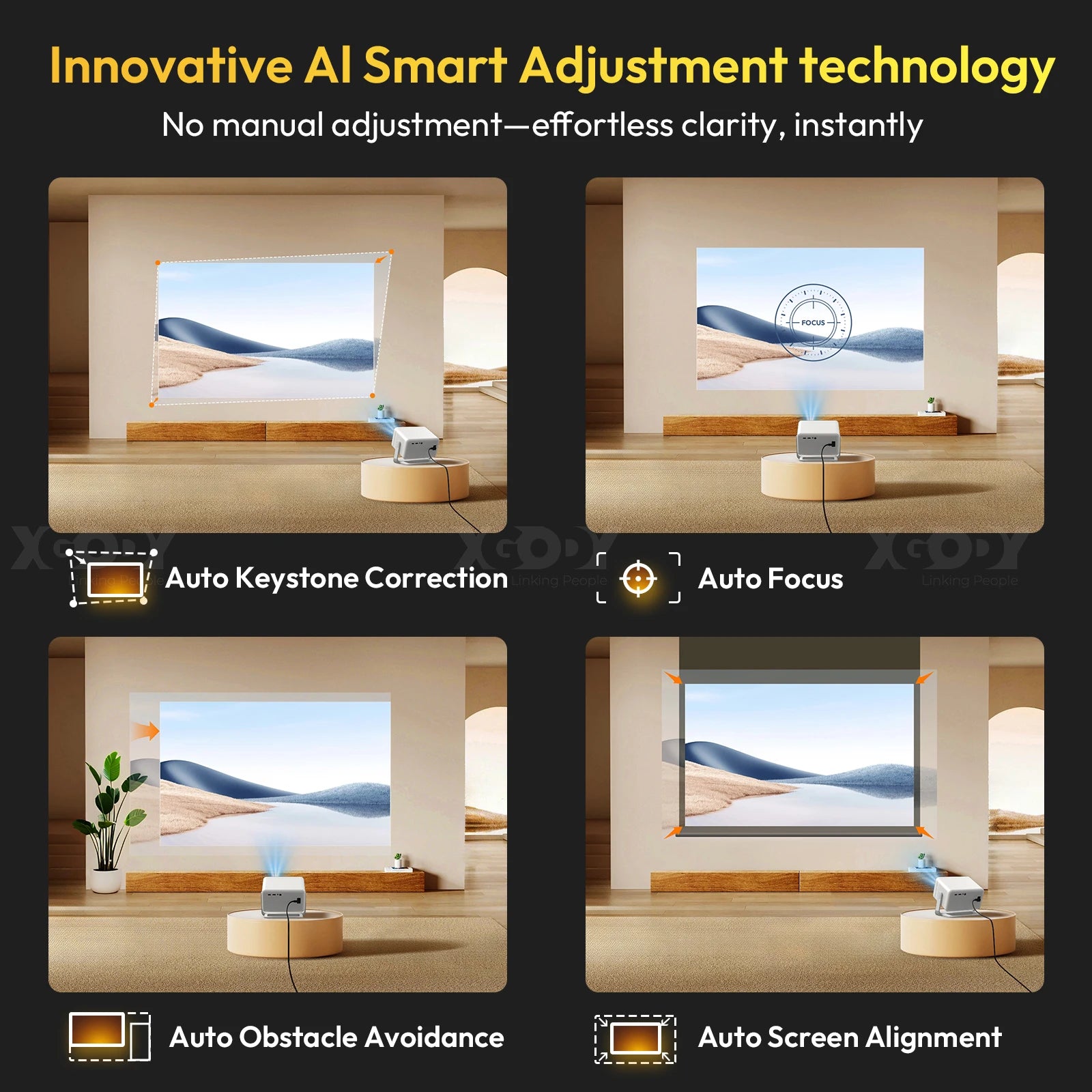 XGODY A6 PRO 4K Native 1080P 650 ANSI Smart Projector AI Auto focus Keystone Correction 360° Portable Projector  Home Cinema