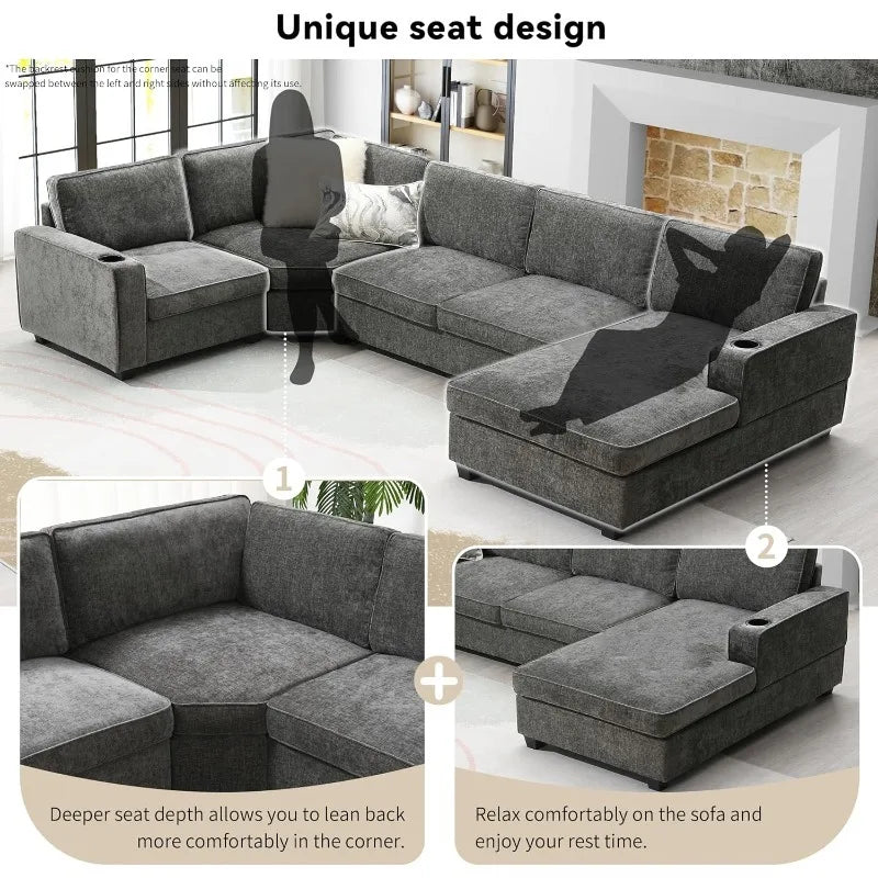 Modern U-Shaped Cloud Couch Set with Oversized Chaise Lounge, with Cup Holders for Living Room Dark Gray