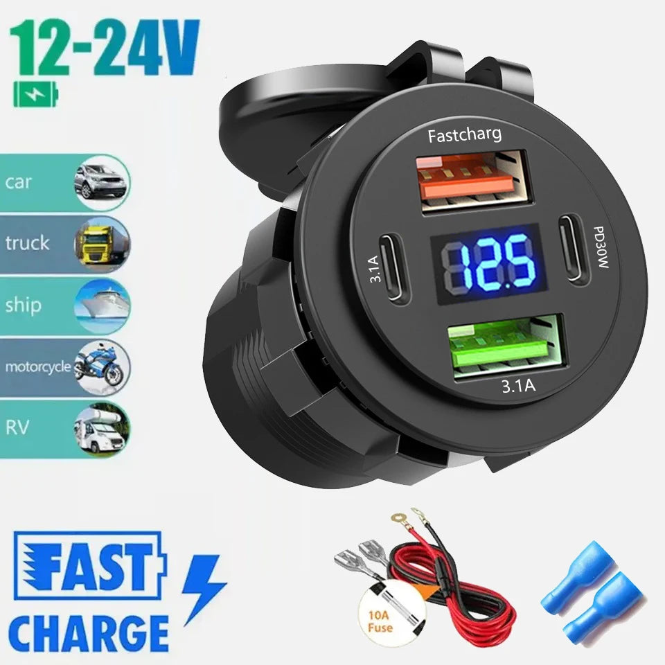 Car Charger Socket Dual Type-C & Dual USB 4Ports Fast Charging Socket Waterproof with Voltmeter 12V/24V For Car Boat Motorcycle