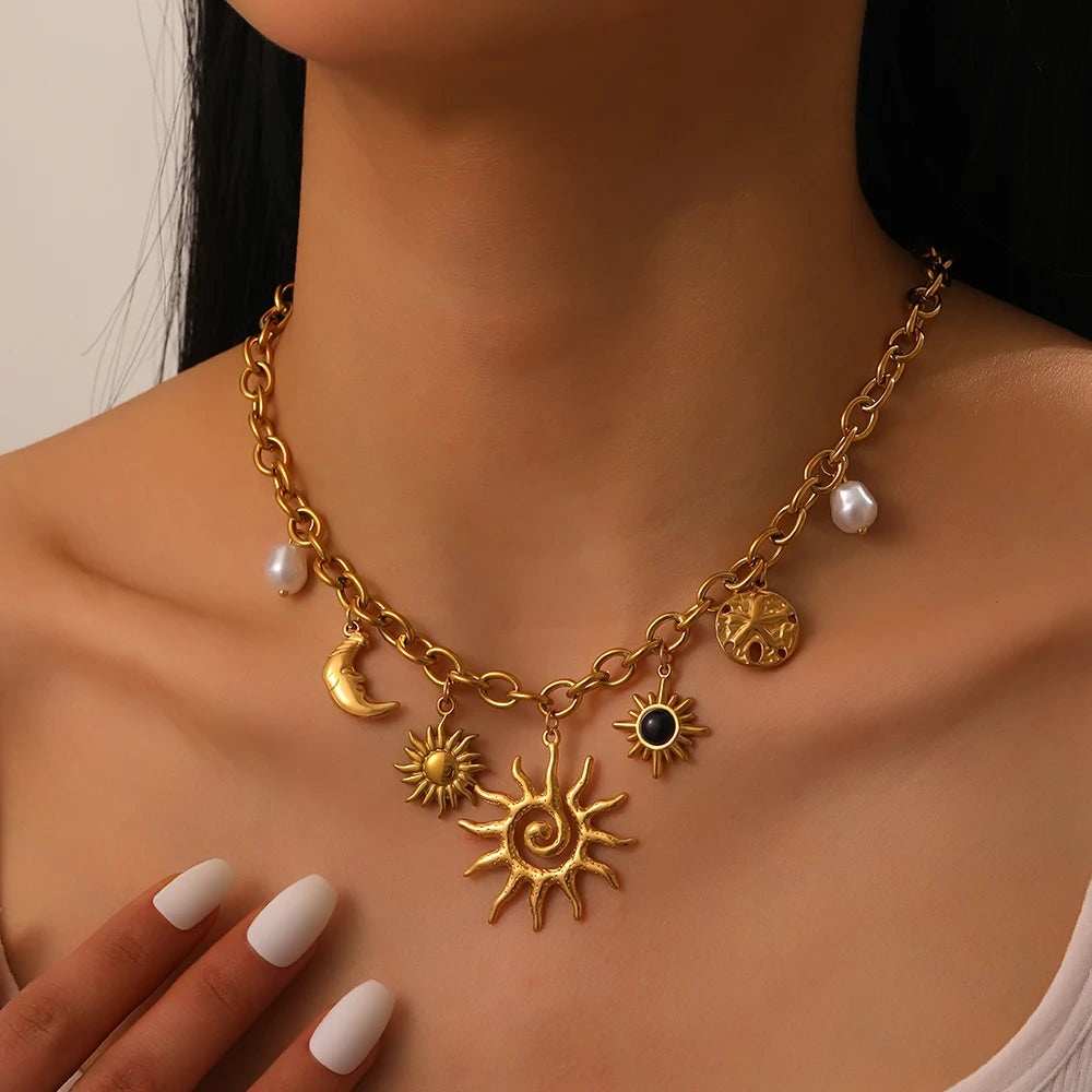 Golden Starfish Moon & Sun Pendant Necklace | 316L Stainless Steel Romantic Chain for Women