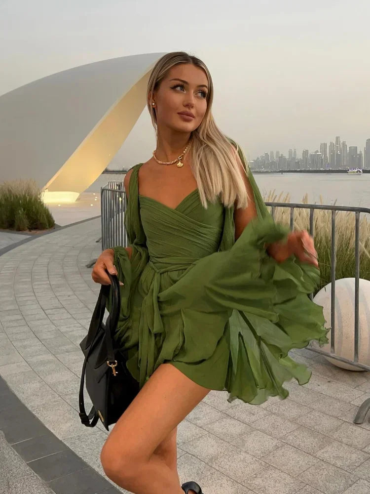 Green Mesh Split Long Sleeve Dress Women Fashion Pleated Lace Up Pleated Hem High Waist Vestidos Lady Vacation Party Gowns 2025