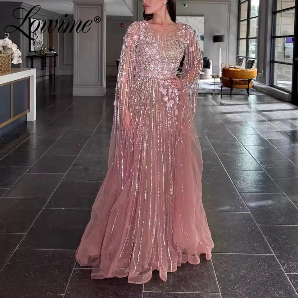 Pink Long Sleeves Women Evening Dress Elegant A Line Beading Women Party Dresses Customized Robes 2026 Dubai Arabic Party Gowns