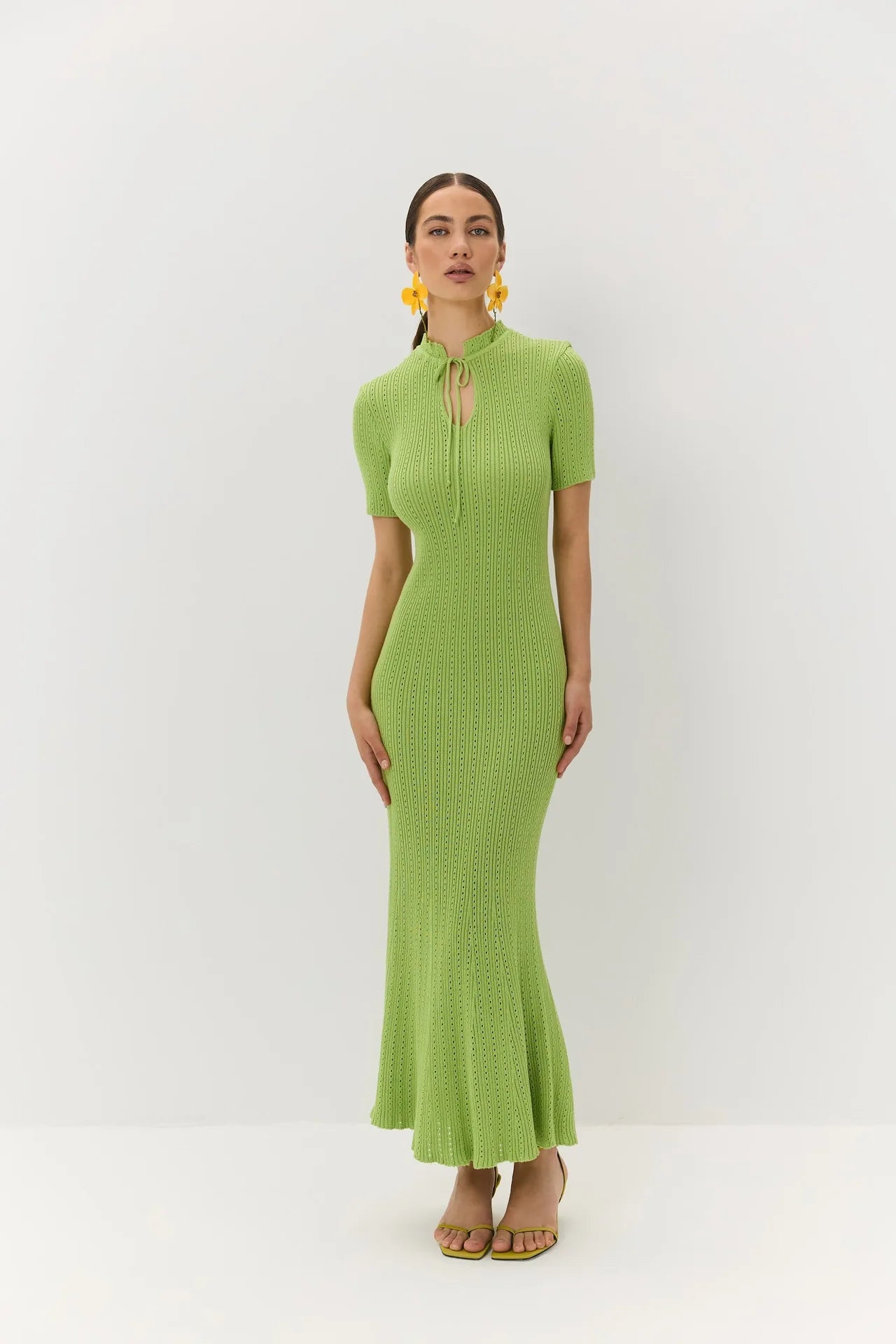 Tossy Knit Hollow Out Lace-Up Dress Female Ribbed Short Sleeve Patchwork High Waist Elegant Long Dress Women's Knitwear Dress