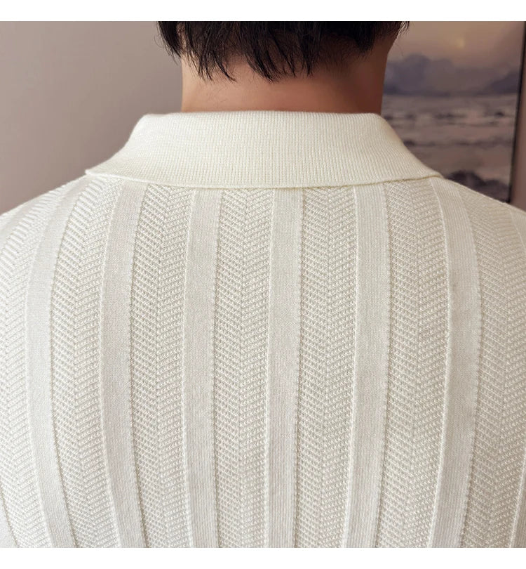 Men's Zip-Front Knit Sweater - White Polo Collar (Black/Burgundy/Cream) M-4XL Soft Touch Autumn Winter Casual Style