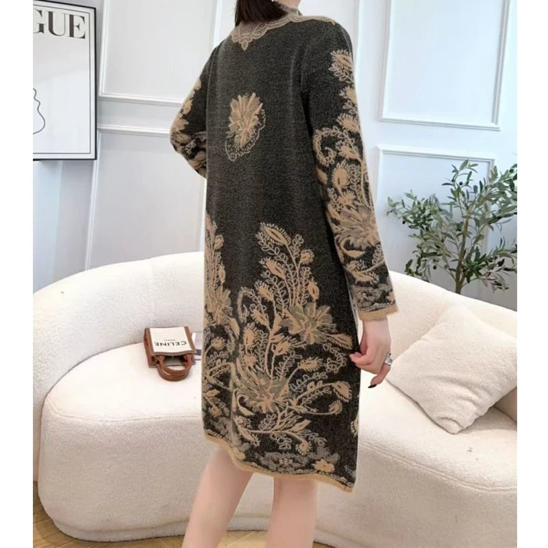 Autumn Winter Women Vintage Ethnic Style Flower Pockets Knitted Dresses Ladies Half High Collar Long Sleeve Loose Sweater Dress