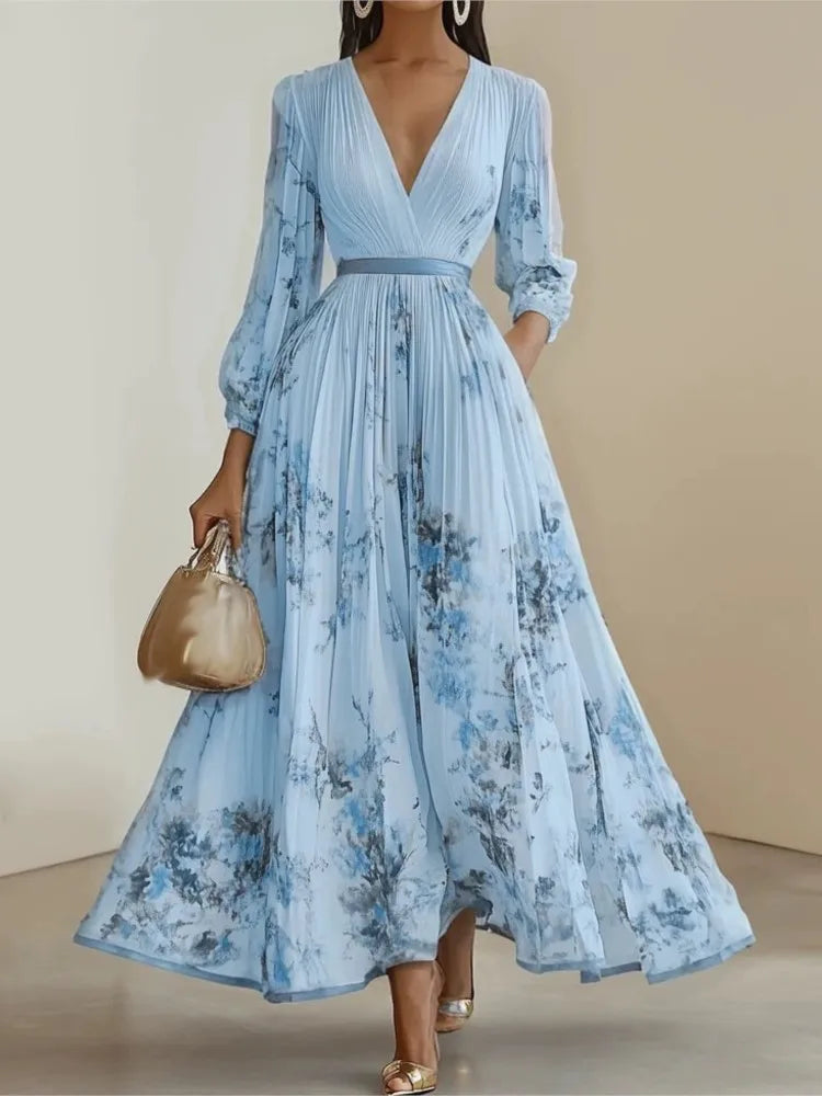 Elegant Print Dress For Women Fashion Long Sleeve V Neck High Waist Lace-up Loose Dresses Robe Femme Holiday Party Clothes New