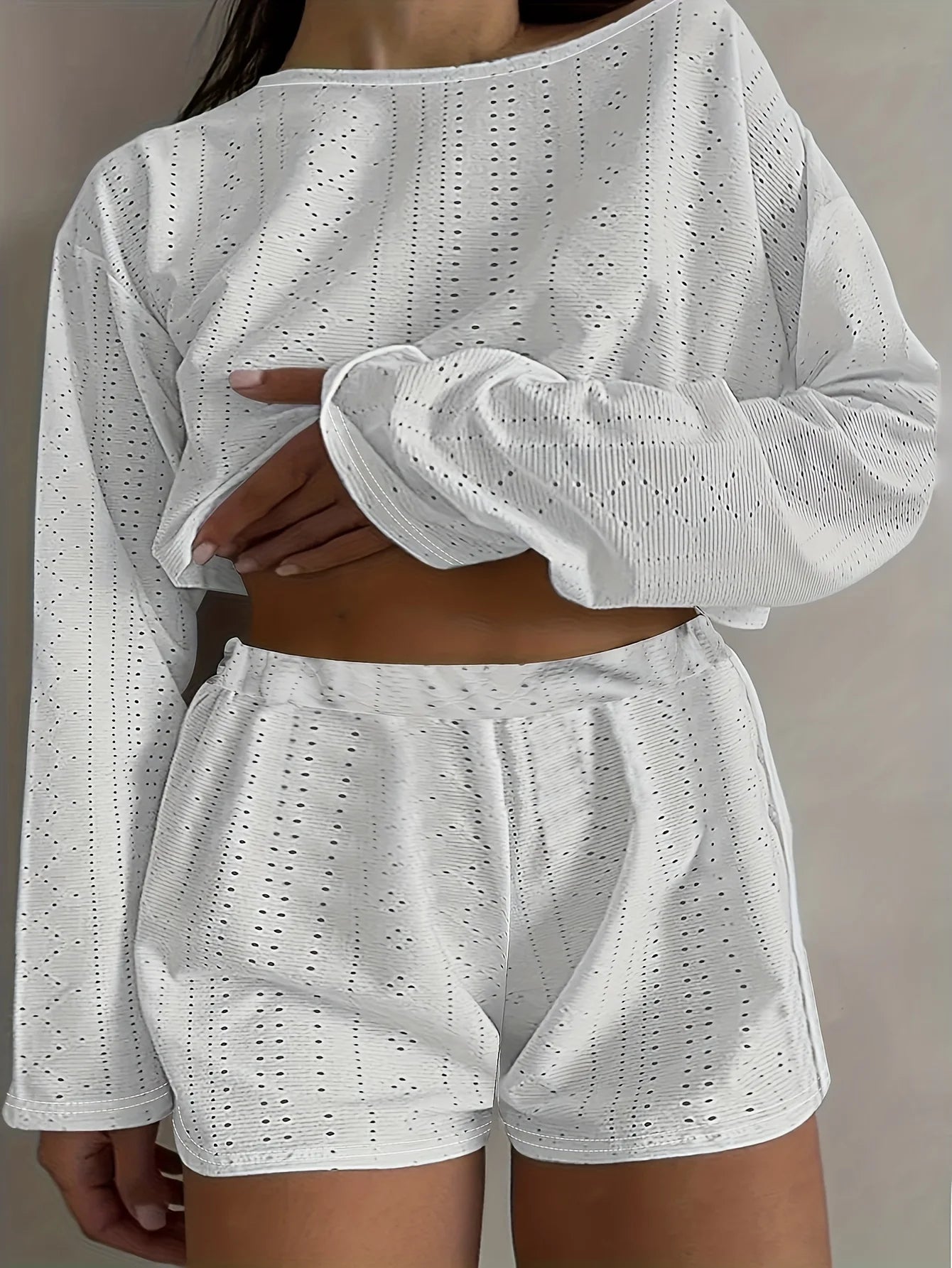 Plus Size Eyelet Casual Shorts Set, Crew Neck Long Sleeve Top & Shorts Outfits, Women's Plus Size Clothing