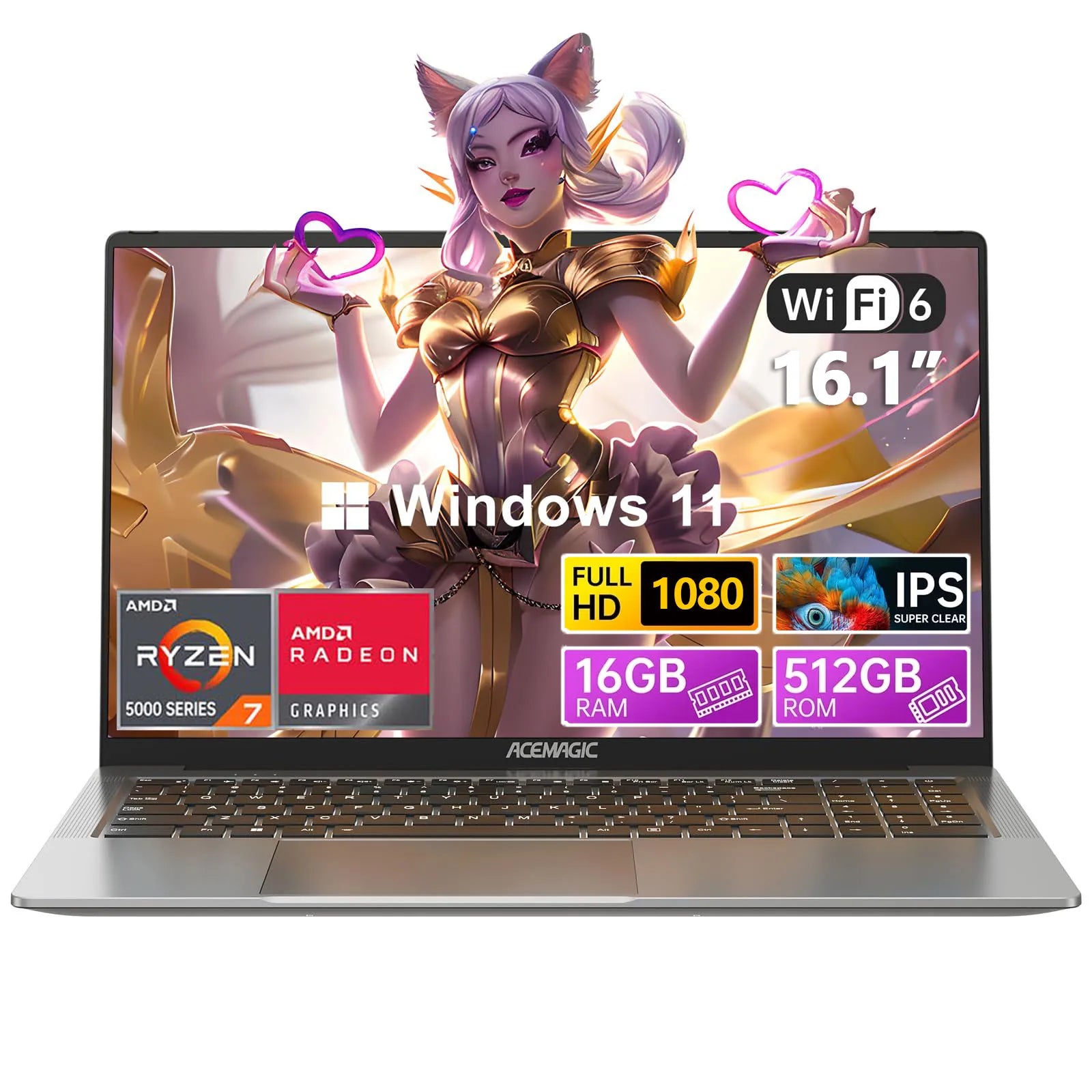 ACEMAGIC 16.1″ Laptop — Ryzen 7 5700U, 16GB DDR4, 512GB NVMe SSD, Radeon Graphics, FHD IPS, Wi-Fi 6, Backlit KB, Windows 11