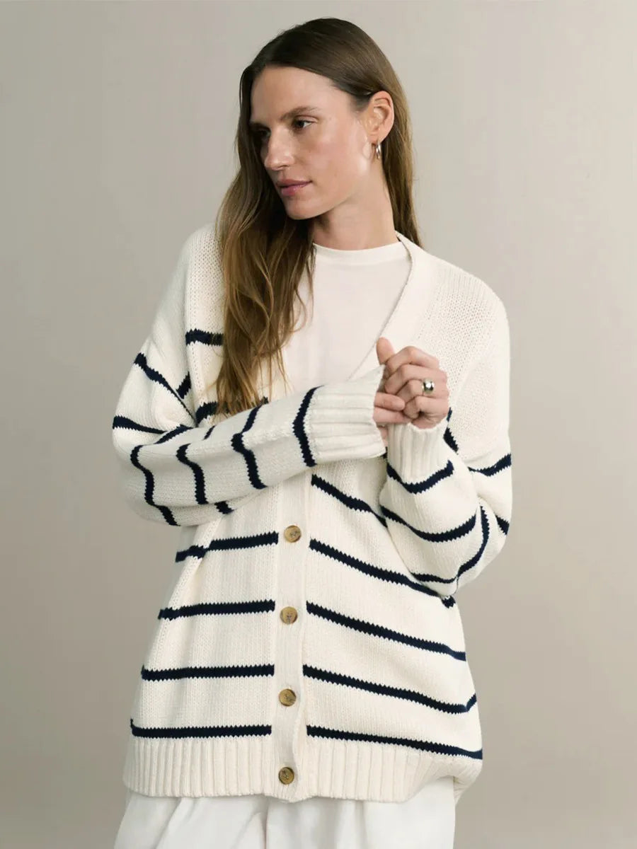 Cozy Autumn Striped Knit Cardigan – V-Neck Button-Up Sweater for Effortless Style