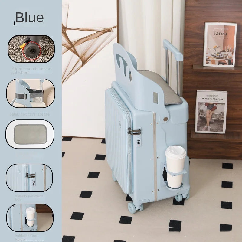 2025 New suitcase for children can Sit 20/22 inch Ride on Luggage Front Opening Sturdy Thickened Travel suitcase with Cup Holder