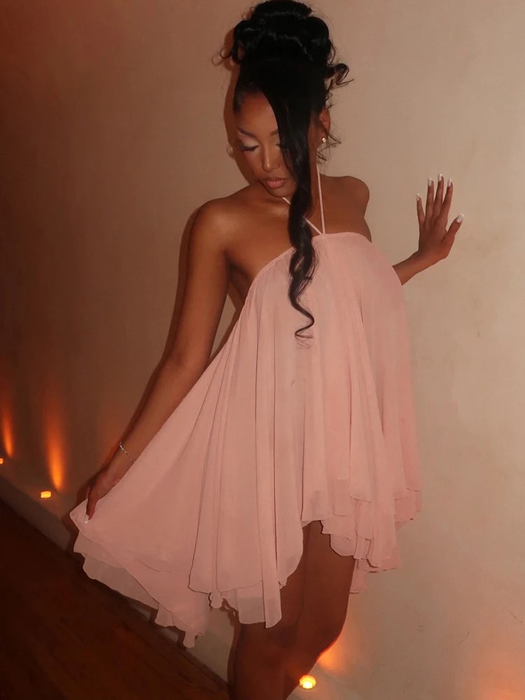 Nibber Asymmetrical Hem Dress Women Halter Bandage Sleeveless Backless Solid Beach Party Sexy 2026 Summer New Trend Mini Bodycon