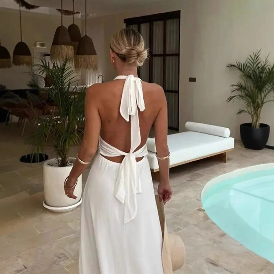 Sexy Halter Backless White Maxi Dress For Women Lace Up Plunge Higt Waist Split Holiday Long Dress Elegant Club Party Vestidos
