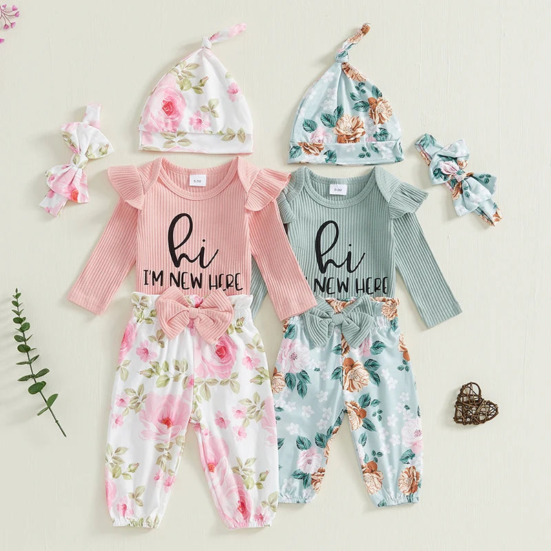 Baby Girls 4 Piece Outfit Letter Print Long Sleeves Romper and Floral Print Pants Headband Hat Set Cute Clothes