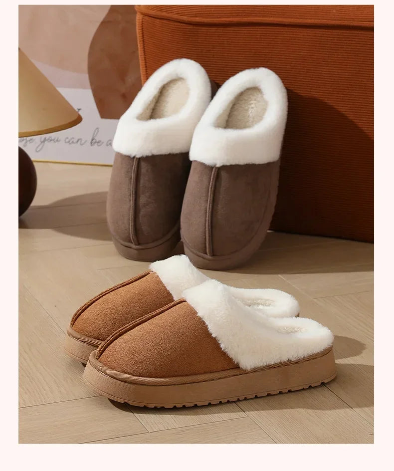 Women's plush slippers winter outdoor, thick sole non-slip fur flip flops with fur collar, warm unisex house shoes for home use