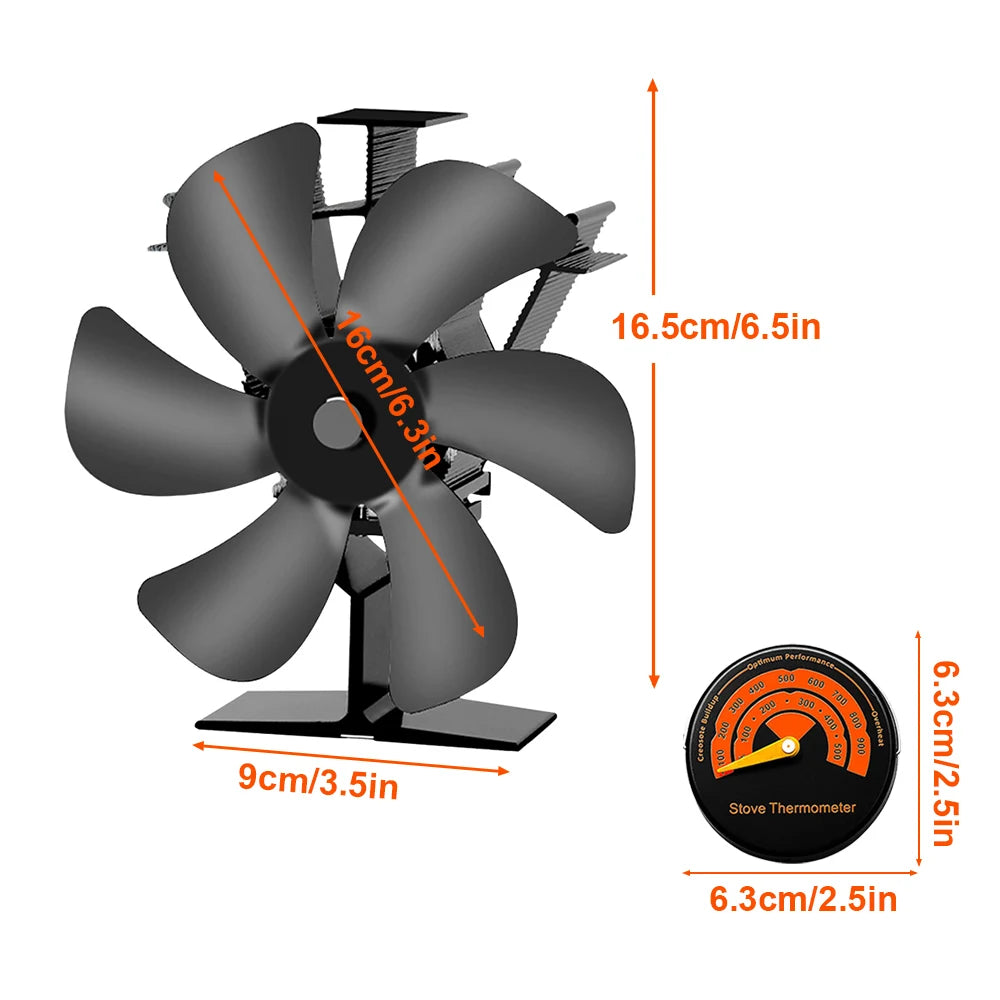 Heat Powered Stove Fan Eco Quiet Black 6 Blades Log Wood Burner Fireplace Fan Winter Warmer Home Efficient Heat Distribution