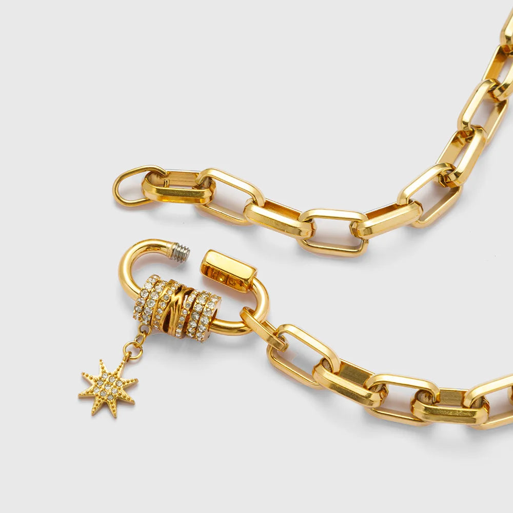 18K Gold-Plated Carabiner Necklace | Waterproof Stainless Steel Chain with Zircon Star Charm