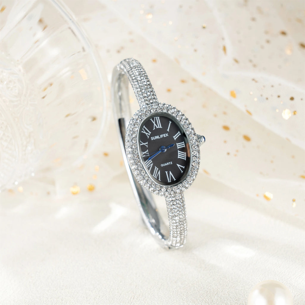 New Luxury Elegant ladies' Bracelet Wrist Watch Roman Numeral Inlaid Rhinestones Oval Waterproof Women's Quartz Watch Reloj