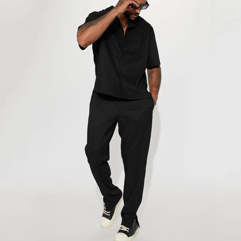 Lipswag Men’s 2-Piece Solid Set — Short-Sleeve Lapel Shirt & Drawstring Pants