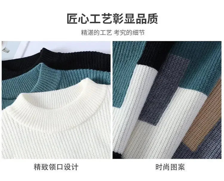 Autumn Winter New Men Sweater Mock Neck Patchwork Contrast Color Trend Youth Fashion Thicken Long Sleeve Pullovers Knitted Tops