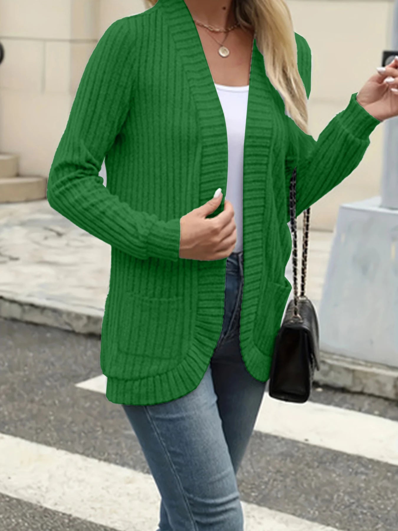 New fashion women's solid color casual pit stripe brushed cardigan jacket