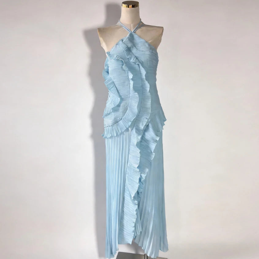 Giyu Sexy Evening Party Dresses Women Summer Halter Prom Gown Ruffles Lotus Edge Tiered Backless Robe Elegant Chiffon Long Dress