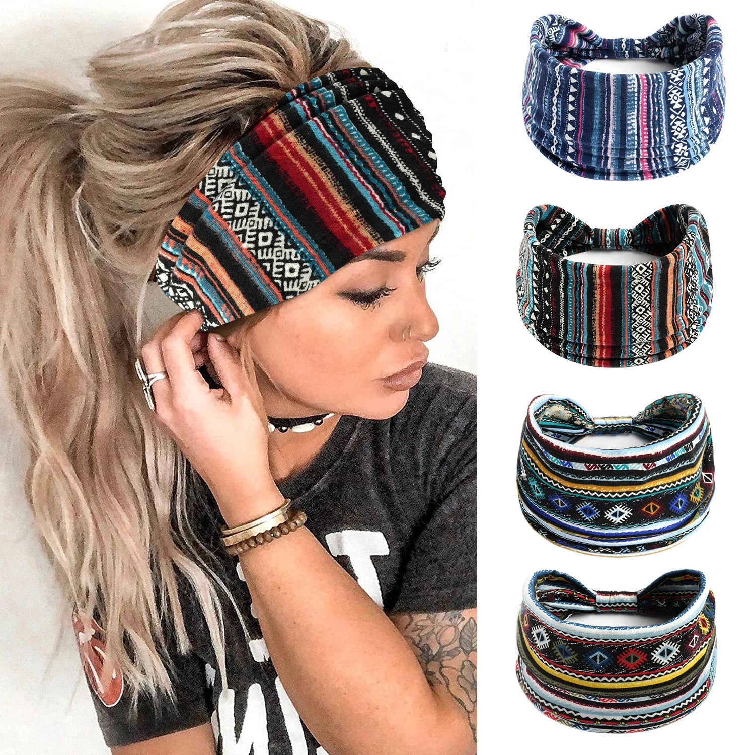 Boho Wide Knot Floral Cotton Headband | Stretch Turban Hair Scarf for Women