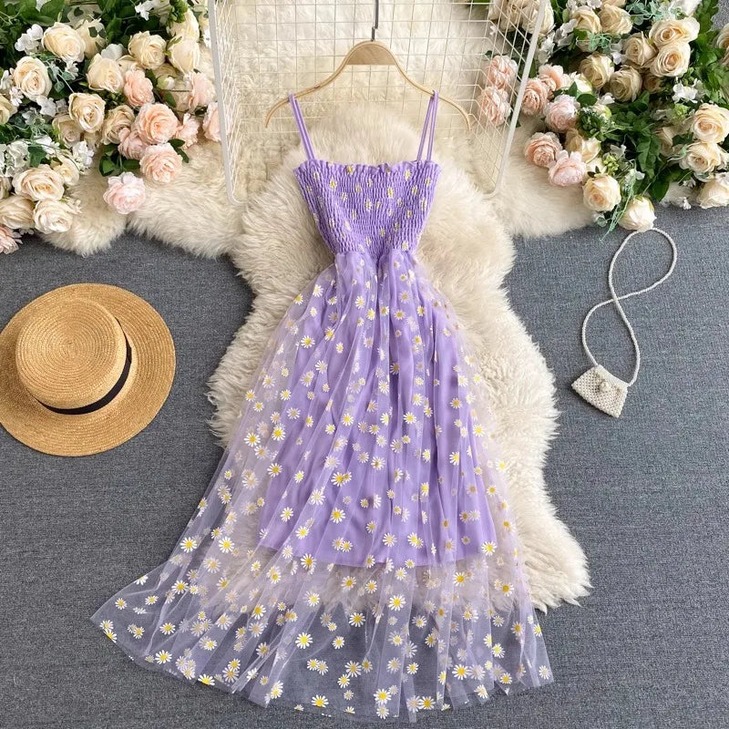 YuooMuoo Women Dress 2026 New Korean Fashion Floral Print Spaghetti Straps Mesh Party Dress Vacation Style Lady Beach Vestidos