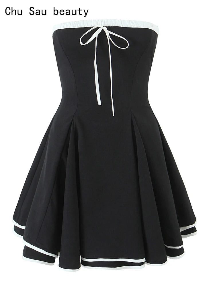 Chu Sau beauty Women New Fashion Sweet Bow Tie Chic Patchwork Mini Dress Sexy Slim Backless Vintage Strapless Short Dresses