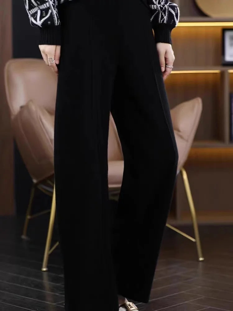 Women’s High-Waist Knit Wide-Leg Pants — Full-Length, Elastic Waist, Warm Stretch (Autumn/Winter, Korean Style)