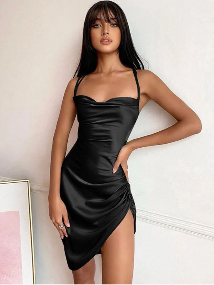 Women Strap Mini Dress Ruched Lace Up Cross Bandage Backless Bodycon Sexy Party Elegant 2023 Club Christmas Slim