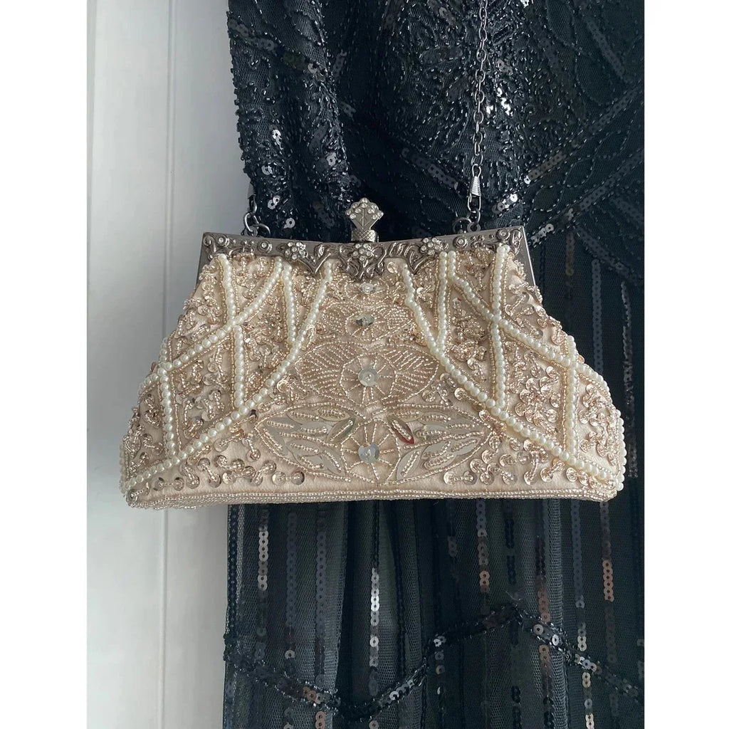 Lost in Vintage Clutch Handbag Beaded and Sequin Kiss-lock Closurer Shoulder Bag Crossbody Detachable ChainProm Evening Party