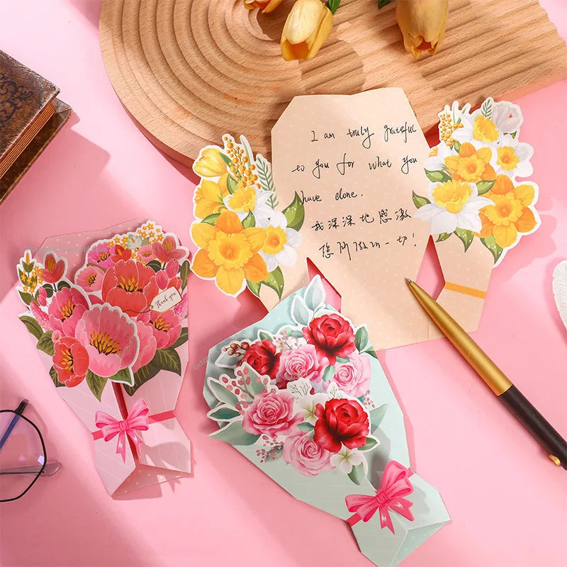 3D Carnation Bouquet Greeting Card — Hot-Stamped, Foldable Keepsake (11.5 × 17 cm)