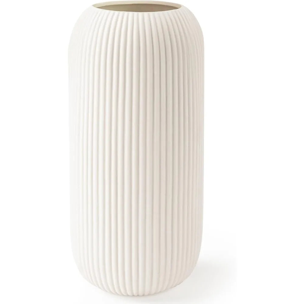 Modern White Ceramic Vase – Ribbed Texture Home Decor