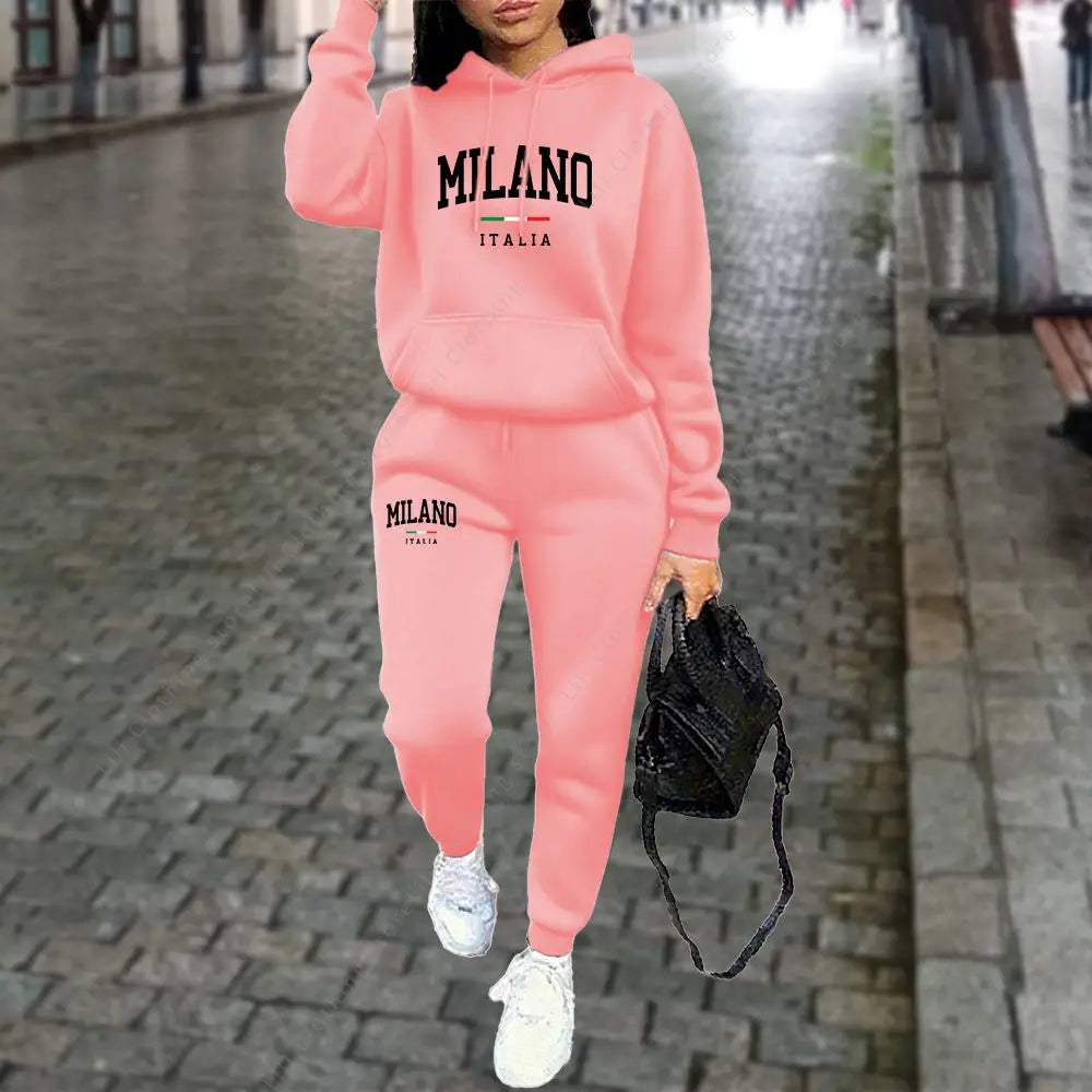 Women’s “MILANO” Letter Print Tracksuit – 2-Piece Hoodie & Pants Set, Casual Sportswear Outfit (Autumn/Winter 2025)