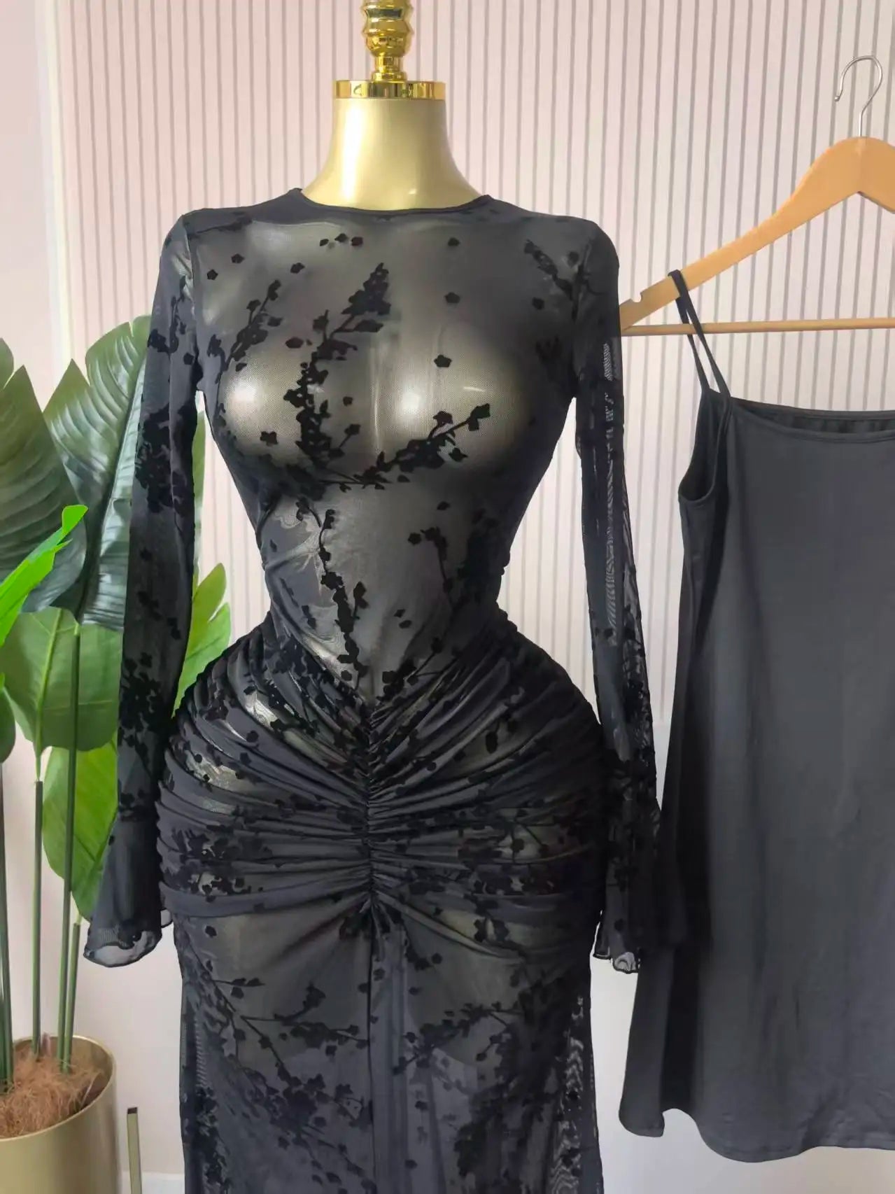 CM.YAYA Women Long Sleeve Stacked Mesh See Though with Lining Bodycon Long Dress 2025 Autumn Evening Birthday Sexy Party Dresses