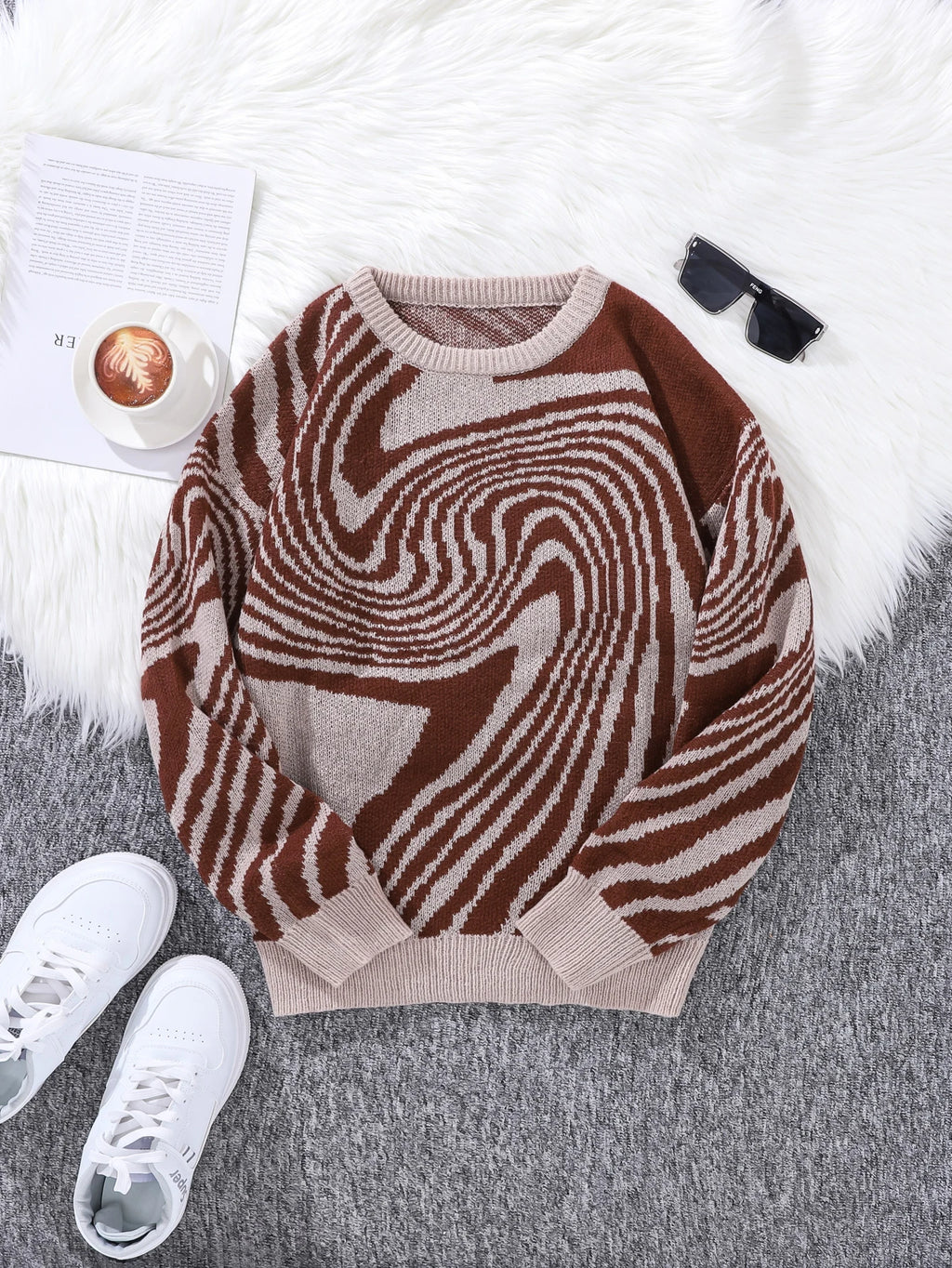New Popular Autumn and Winter Maze Jacquard Pattern Pullover Sweater Casual Round Neck Contrast Color Knitted Men's Pullover