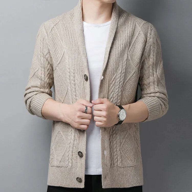 New Men's Knitted Cardigan, Youth Lapels Long Sleeve Coat, Men's Sweater Casual, Camel Black Gray Warm Sweater