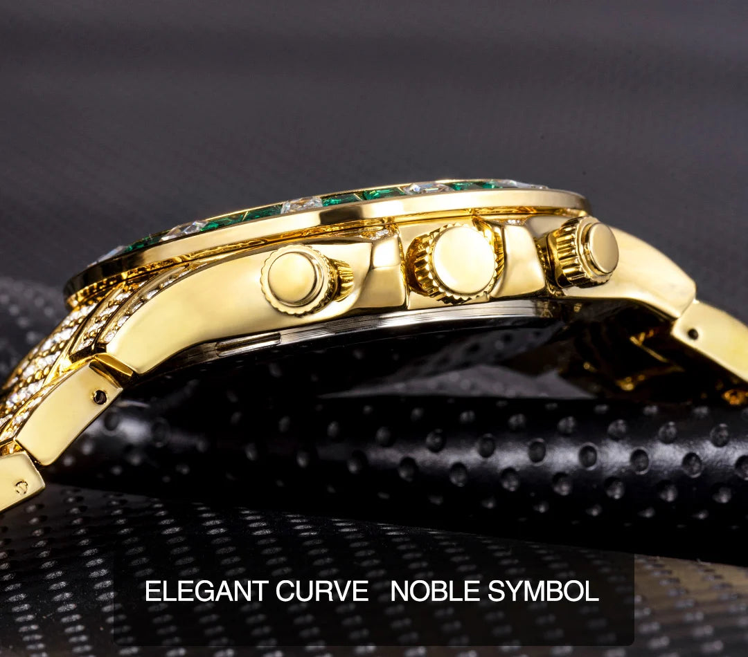 MISSFOX Men’s Luxury Bling Quartz Watch | 42mm, Calendar, 3ATM Water-Resistant, Gold-Tone Stainless Steel