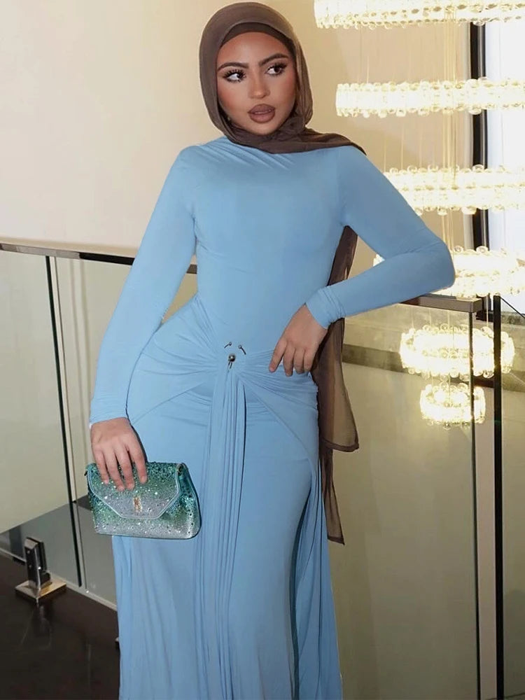 Weird Puss Ruched Elegant Maxi Dress Women Daily Casual Fashion Skinny Full Sleeve Solid Gown Midnight Prom Party Long Bodycon