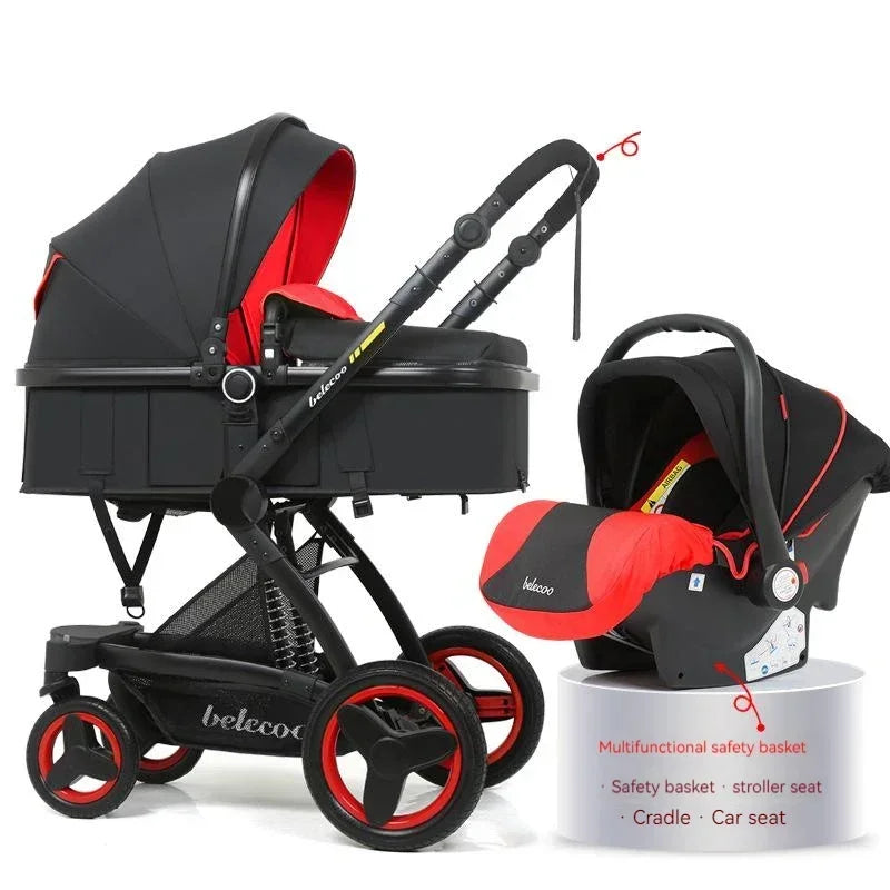 Luxury High-end baby stroller 3in1, Belecoo X6 high landscape baby cart with car basket,can sit, lie down and fold two-way cart