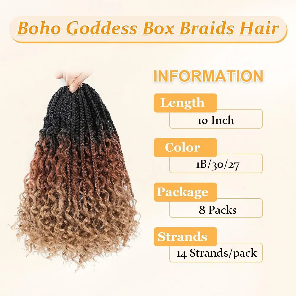 10" 8Packs Crochet Hair Box Braids Goddess Bohemian Crochet Boho Braids With Curly Ends Synthetic Crochet Hair For Black Women