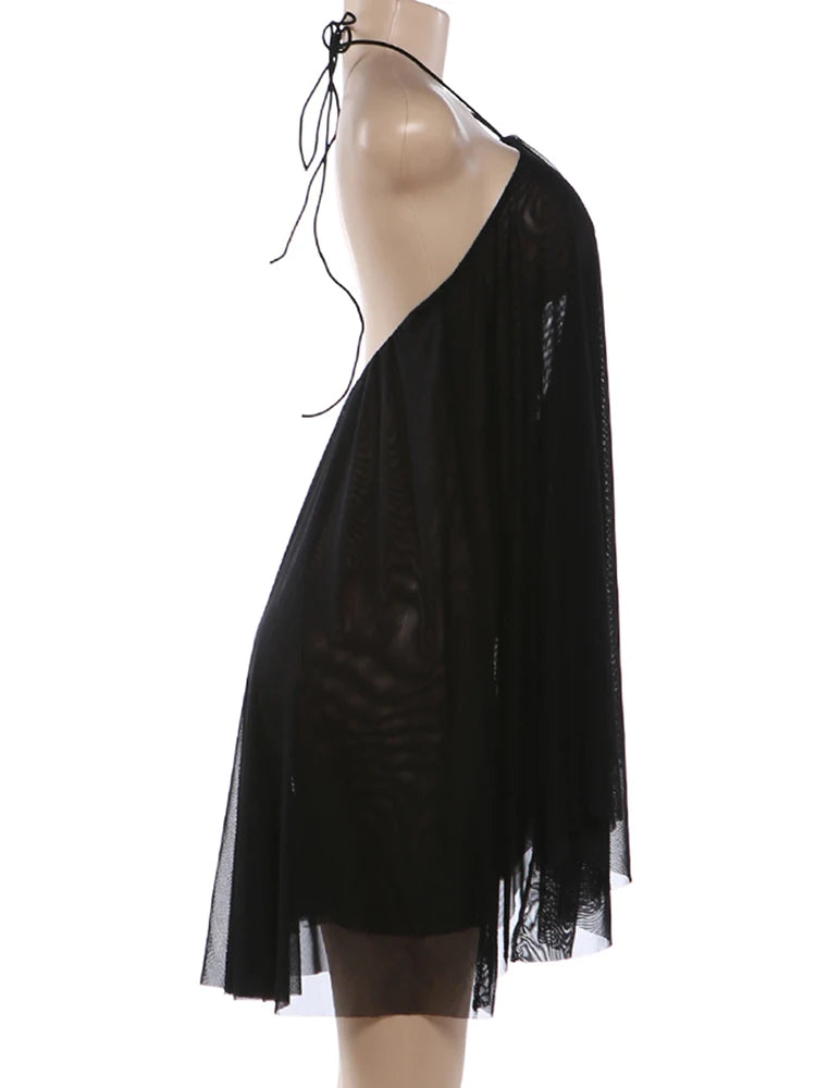 Nibber Asymmetrical Hem Dress Women Halter Bandage Sleeveless Backless Solid Beach Party Sexy 2026 Summer New Trend Mini Bodycon