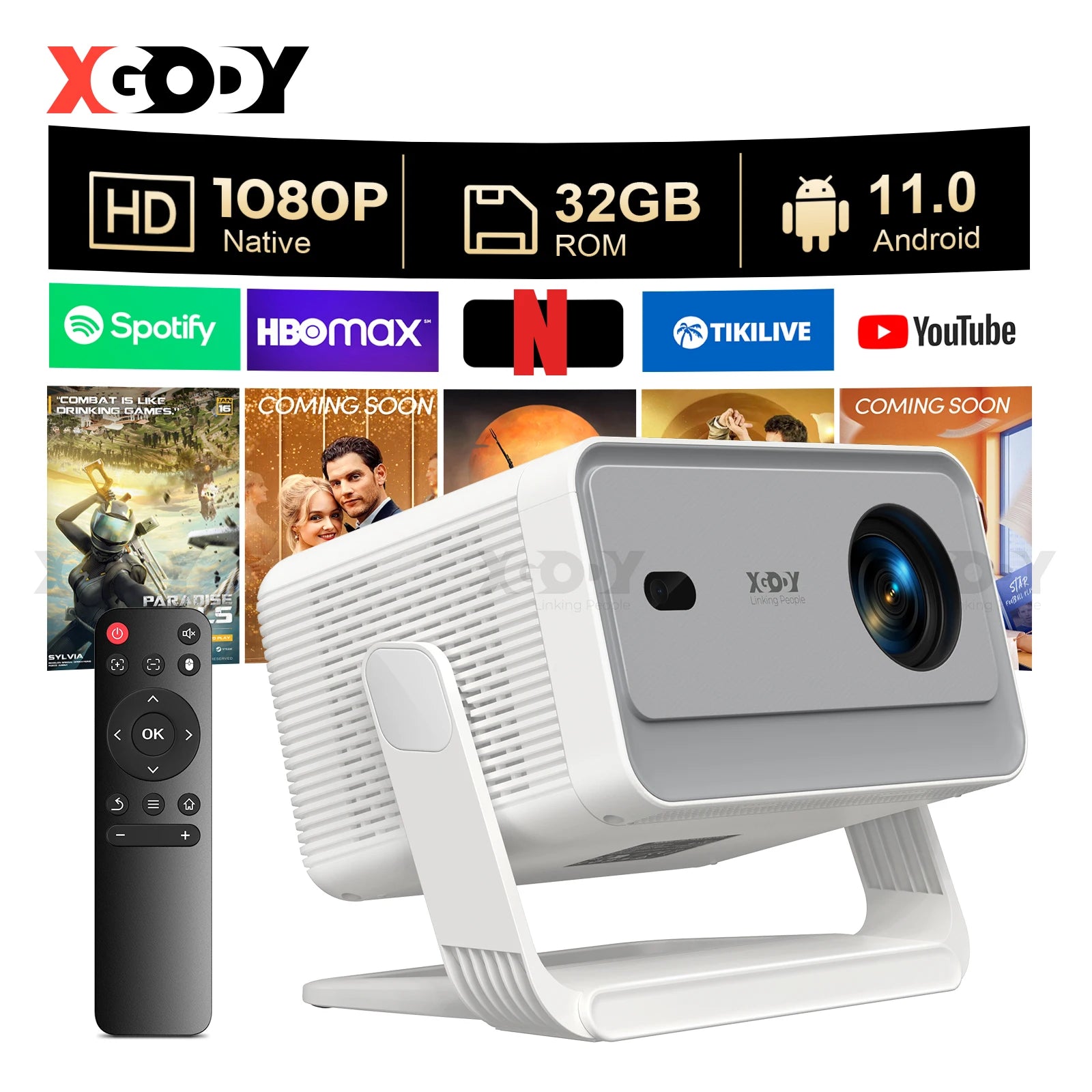 XGODY A6 PRO 4K Native 1080P 650 ANSI Smart Projector AI Auto focus Keystone Correction 360° Portable Projector  Home Cinema