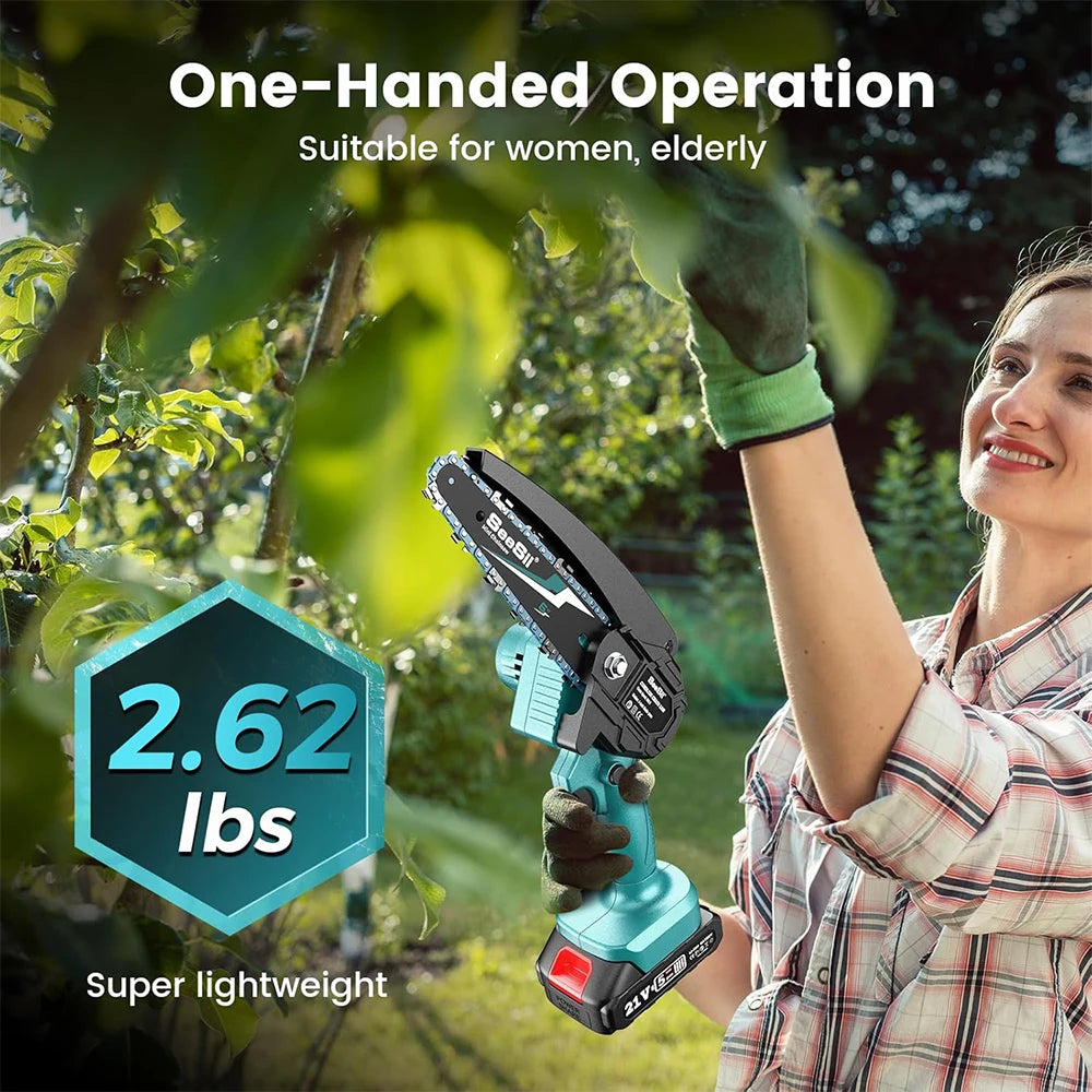 Seesii Mini Chainsaw Cordless 6-inch Handheld Electric Power Chain Saw for Garden Tools Tree Trimming Wood Cutting Best Gifts