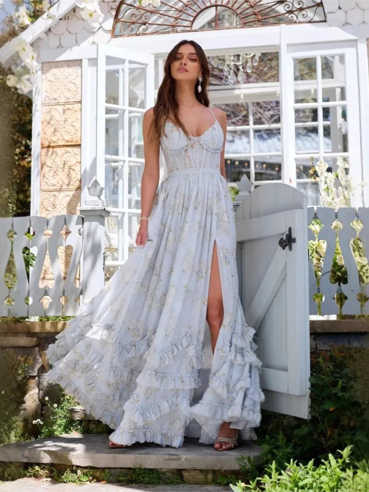 Sexy Summer Beach Dress 2025 Women Spaghetti Strap Vacation Holiday Long Dresses Elegant Ruffles Printed Vestidos Para Mujer