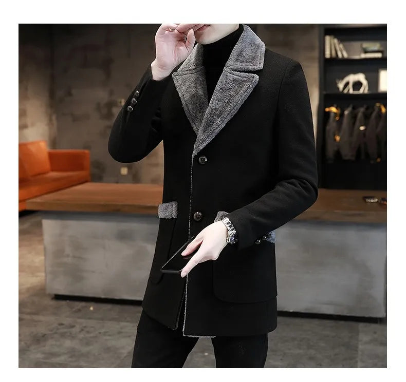 2025 Winter Men Plush Jacket Turn Down Collar Pocket Male Coat Single-breasted Long Sleeve Mid Length Business Man OverCoat