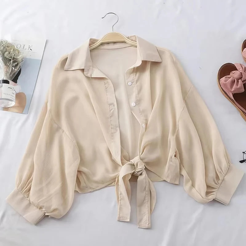 Women Summer Bat Half Sleeve Chiffon Shirt Casual Loose Button Hollow White Clothes Elegant Solid Color Tied Waist Blouse 9776