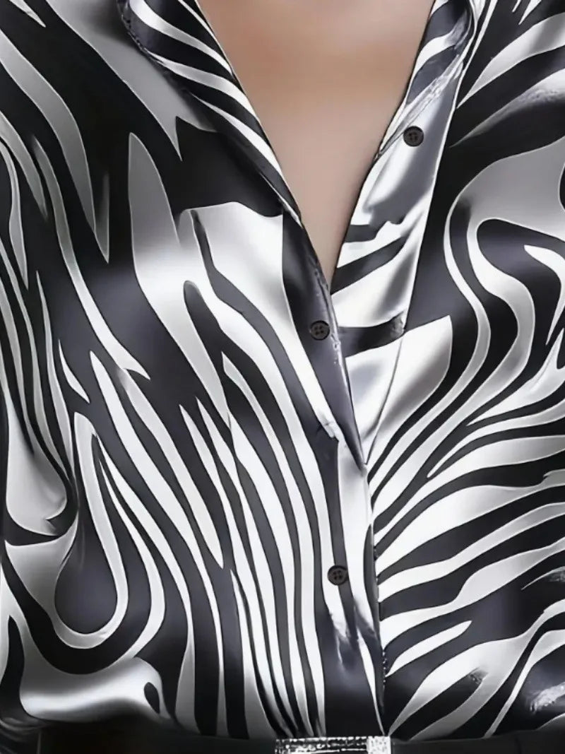 Casual Solid Color Autumn Winter New Style Fashionable Elegant Zebra Print Commuter Style Tops Long Sleeve Lapel Satin Clothes